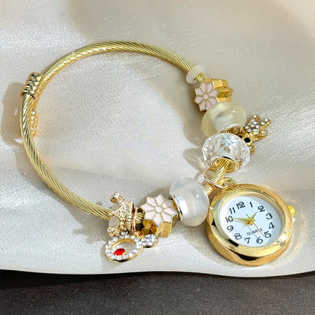 Cross-border Gold Bracelet Watch Adjustable opening Alloy bracelet Quartz Watch Beaded Small flower bracelet Watch