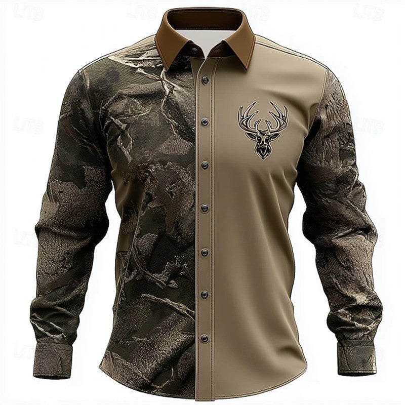 Retro Men's 3D Reindeer Print Shirt Men's Long-sleeved Shirt Breathable Casual Button Loose Top Ethnic Retro Lapel Shirt