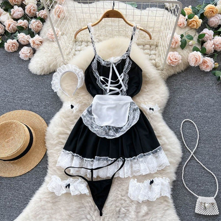 Role Student Complete Maid Cosplay School Costume Set Ruffle Cosplay Vacation Halloween Outfit Halter Dress Set Outfit Costume
