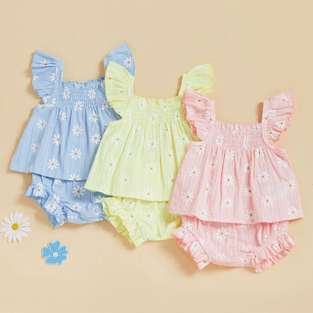 Baby Girl Daisy Outfit Toddler Girls Flying Sleeve Babydoll Tops Elastic Waist Ruffle Shorts Cute Summer Clothes 2Pcs Sets