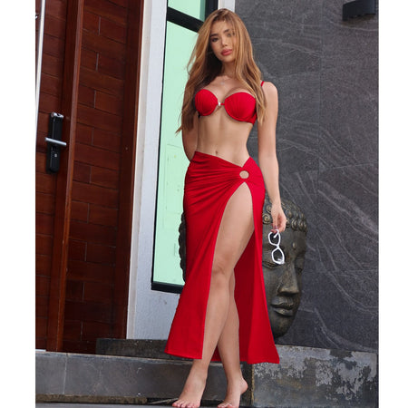 Swimsuit 3 Pcs Set with Tassel Skirt Bikini Women Swimsuit Button High Waist Swimwear Bathing Suit Beachwear Biquini