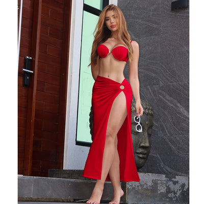 Swimsuit 3 Pcs Set with Tassel Skirt Bikini Women Swimsuit Button High Waist Swimwear Bathing Suit Beachwear Biquini