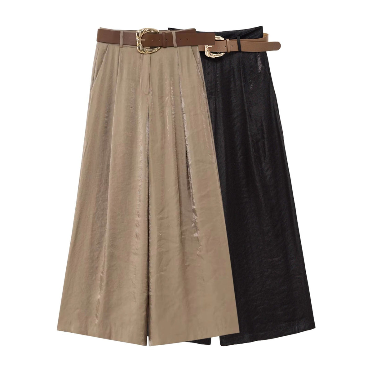 HH Women New Fashion Solid Belt Wrinkles Decorate Casual Loose Trousers Female Chic Zipper Side Pocket Slim Wide Leg Pants