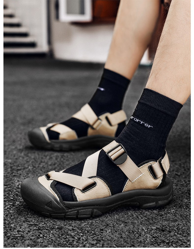 Sandals for Men's Summer New Cowhide Casual Beach Shoes, Genuine Leather for Men's Anti Slip Middle-aged Sandals and Slippers