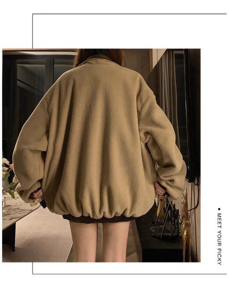 Maillard Fashion PU Leather Jacket With Lambswool Coat Both Sides Female Y2K Winter New Velvet Locomotive Cotton-padded Jacket