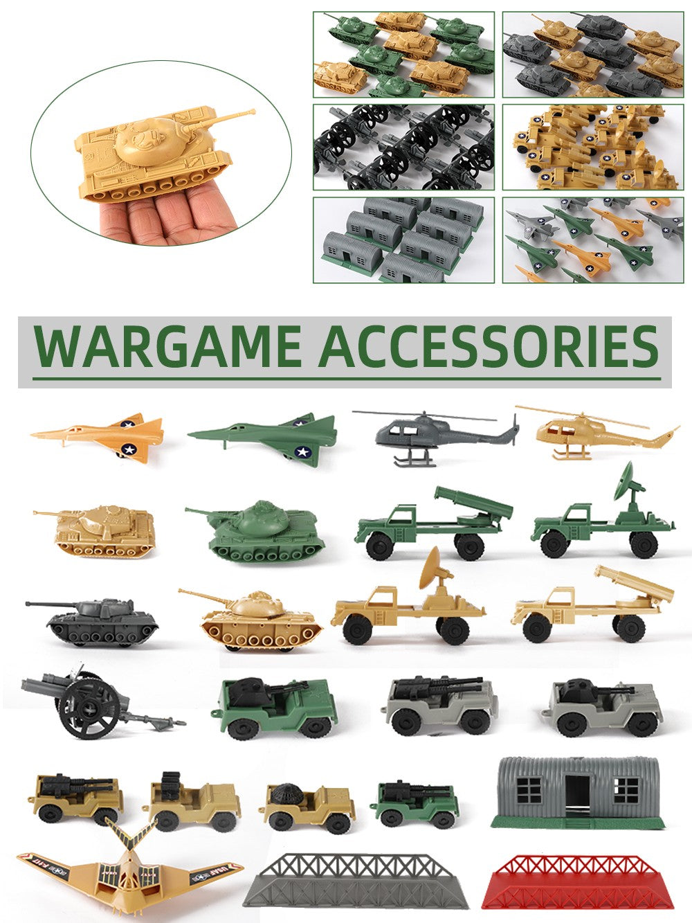 ViiKONDO Army Men Toy Military Vehicle Model Wargame Accessories Tank Radar Missile Launcher Artillery Fighter Barrack Bridge