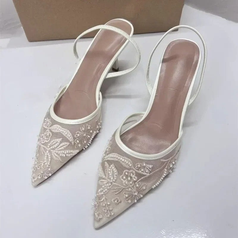 Woman Designer Mesh Open Heel Sandals Shoes Fashion Print Pointed End Women High-heel Pumps Sexy Stiletto Lady Mules