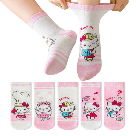 5Pairs Sanrio Cinnamoroll Kuromi Kawaii Spring and Autumn Cartoon Middle Tube Socks For Girls Boy Children Mid-calf Cotton Socks