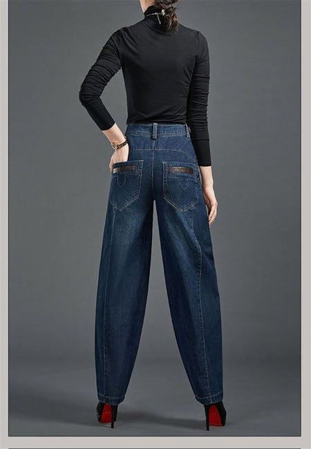 Autumn Winter High Waisted Women Jeans Casual Loose Embroidery Bloomers Trousers Female Fashion Wide Leg Denim Pants Blue