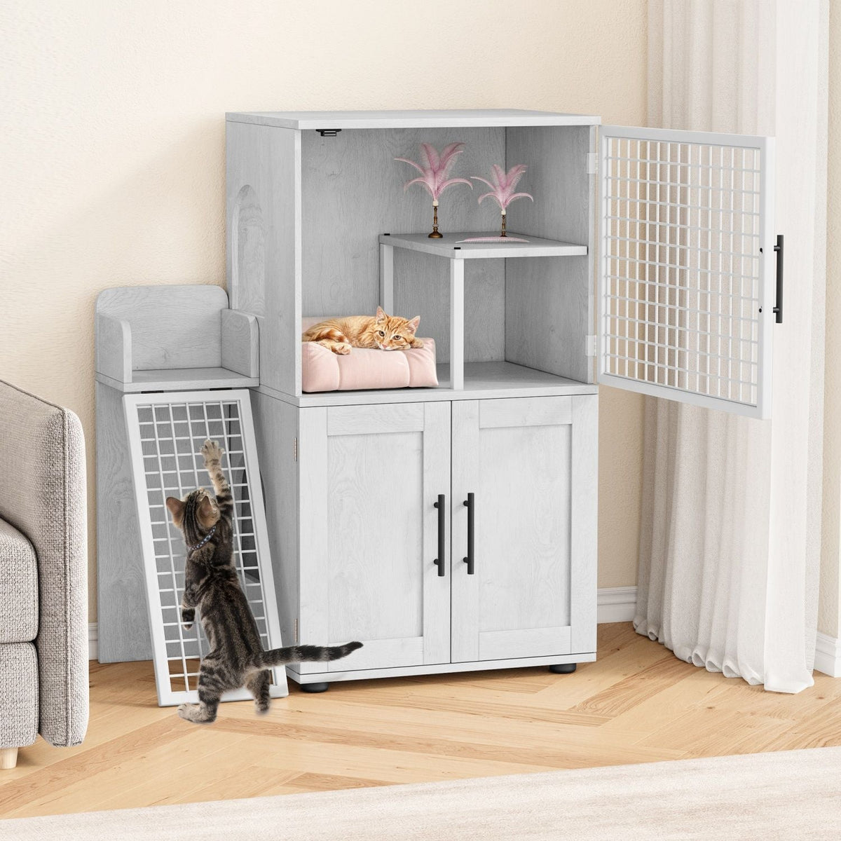 Cat Litter Box Enclosure with Platform,Double Layer Cat Litter Hidden Furniture,Cat Washroom Furniture,Cat House with Ladder