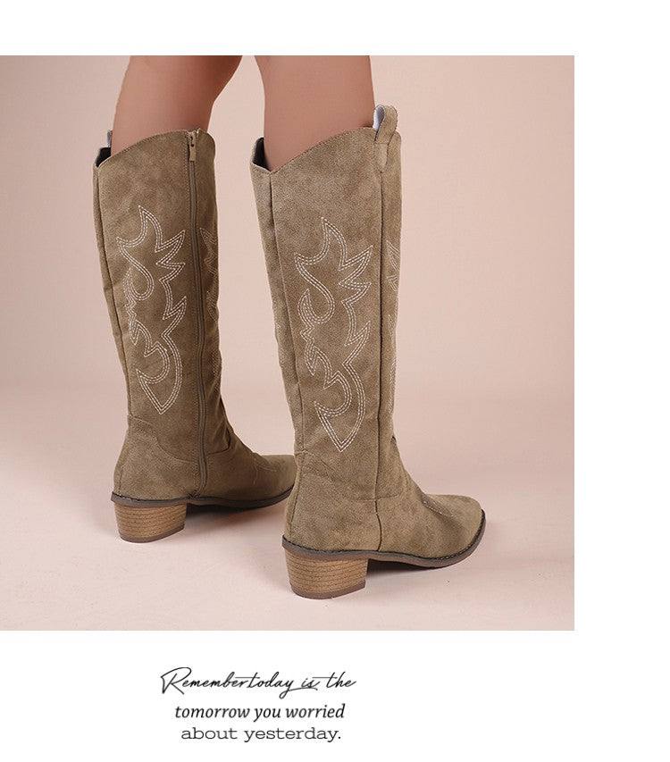 Embroidered Western Cowboy Boots for Women Autumn Pointed Toe Thick Heel High Knee Boots Woman Loose PU Leather Long Botas Mujer