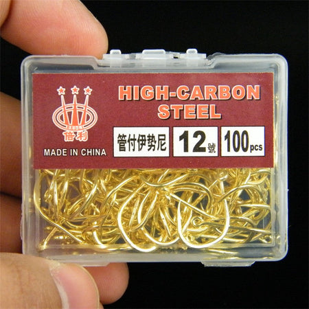 100pcs/lot High Carbon Steel 3#-12# golden Fly Fishhooks Fishing Hooks Jig Barbed Hook With Hole Pesca Fishing accessory Tackle