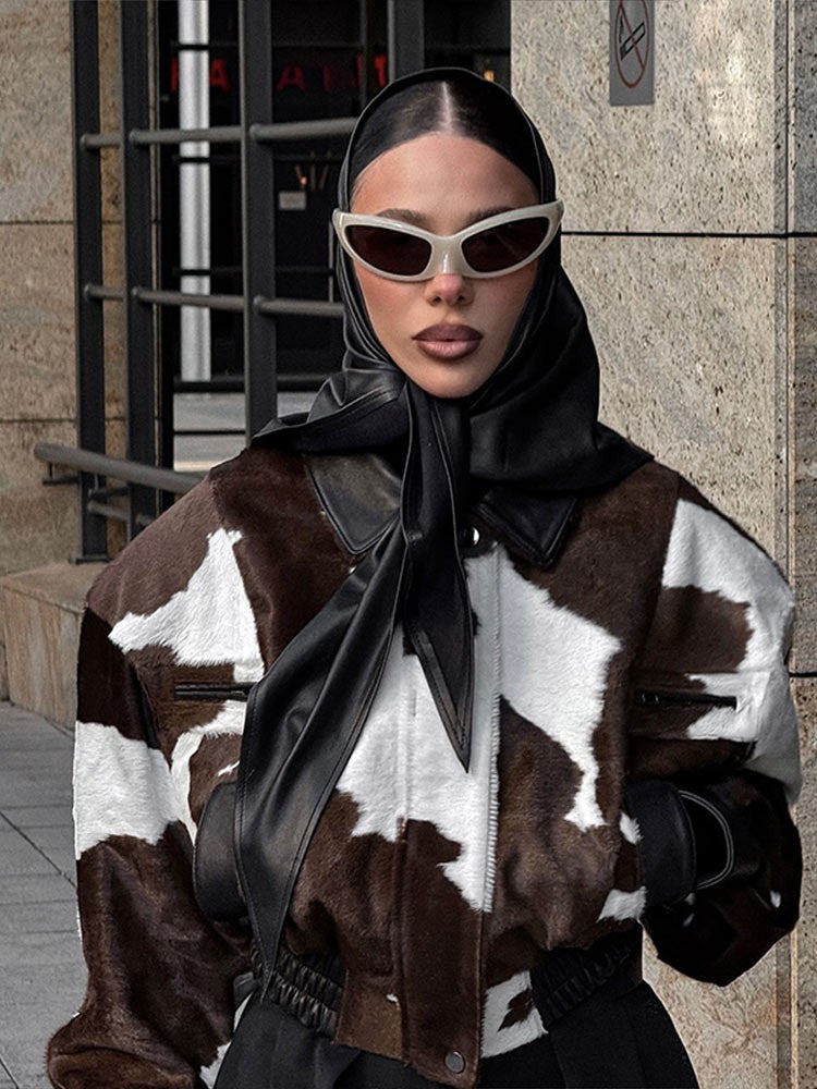 Fashion Women's Cow Print Jacket Lapel Collar Short Length Zipper Button Coats 2025 Autumn Winter Female Trendy Warm Outerwear