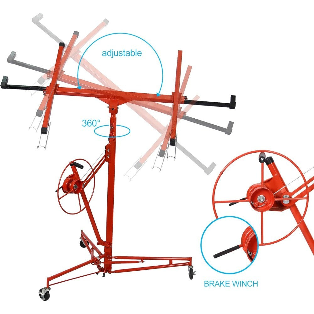 YC113 Drywall Lift Panel Hoist, 11 Ft (Max Height) Sheetrock Jack Lifter for Ceiling, Rolling Caster Wheels, 11', Red