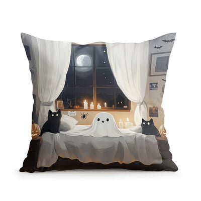 Halloween Ghost Pumpkin Print Cushion Cover Peach Skin Velvet Room Home Sofa Living Office Car Simplicity Pillow Cover 45x45CM