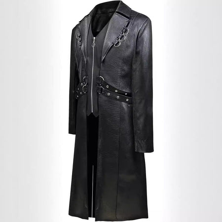 Men Steampunk Faux Leather Vintage Jacket Medieval Trench Coat Long Outwear Winter Gothic Windbreaker Motorcycle Halloween Stage