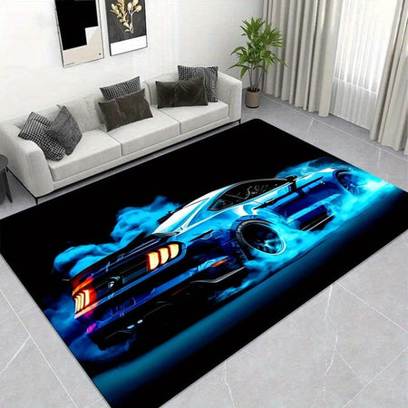 Blue Sports Car Design Area Rug, for Living Room, Bedroom, Game Room Decor - Car Art Floor Mat