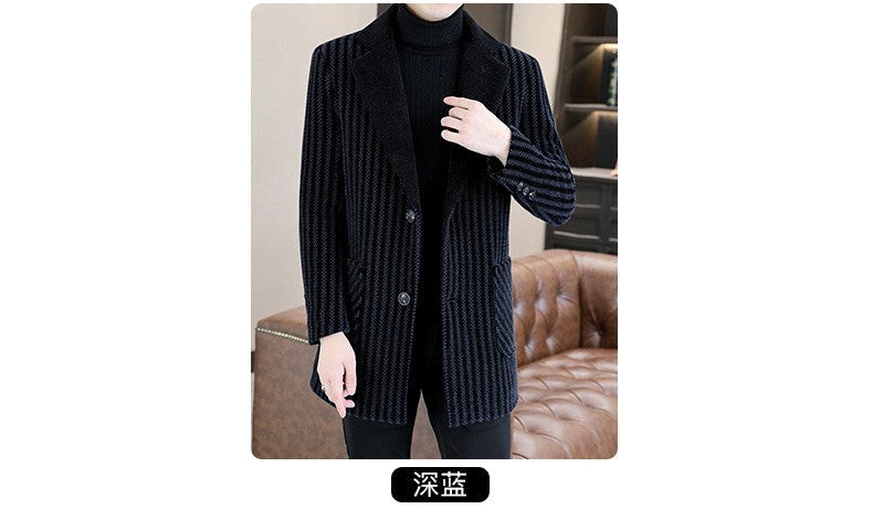 Classic Autumn Winter Men's Mid-Length Woolen Coats Casual Striped Overcoat Outwear Windbreaker Business Warm Long Jackets