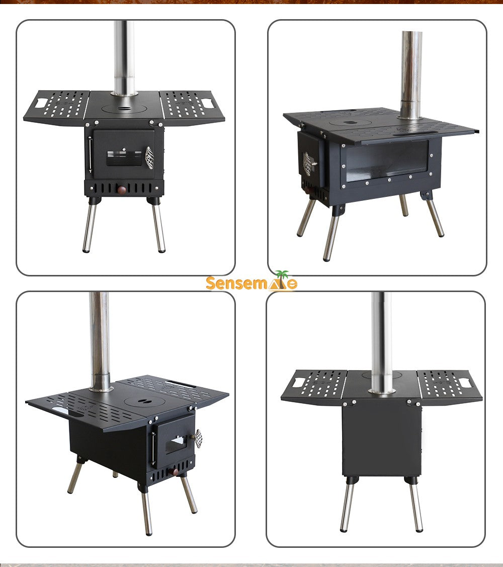 Hot Tent Wood Burning Stove Folding Stainless Steel 5-Section Chimney Outdoor Camping Wood Heater with Cooking Wing Panels