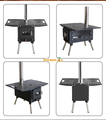 Hot Tent Wood Burning Stove Folding Stainless Steel 5-Section Chimney Outdoor Camping Wood Heater with Cooking Wing Panels