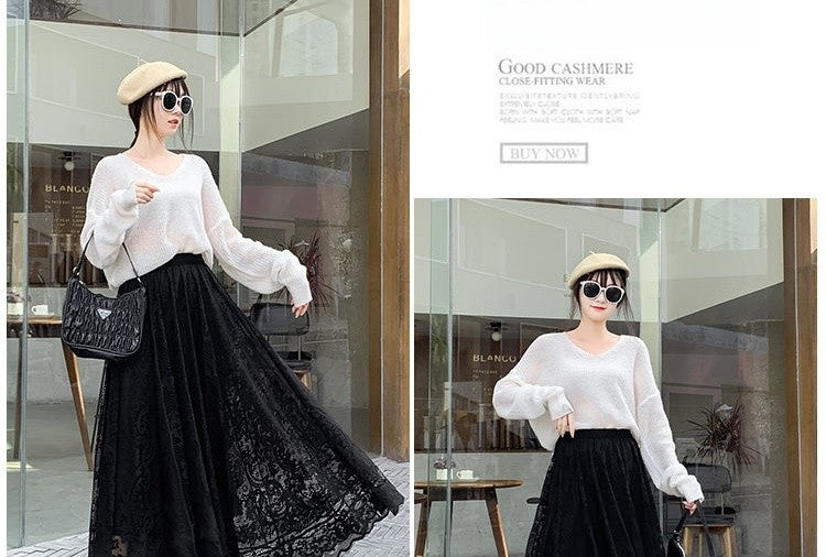 Plus Size plus Size Lace Hollow out f Skirt mid Waist Long Sle Fairy Skirt A-Line Umbrella Skirt Trendy Women's Clothing