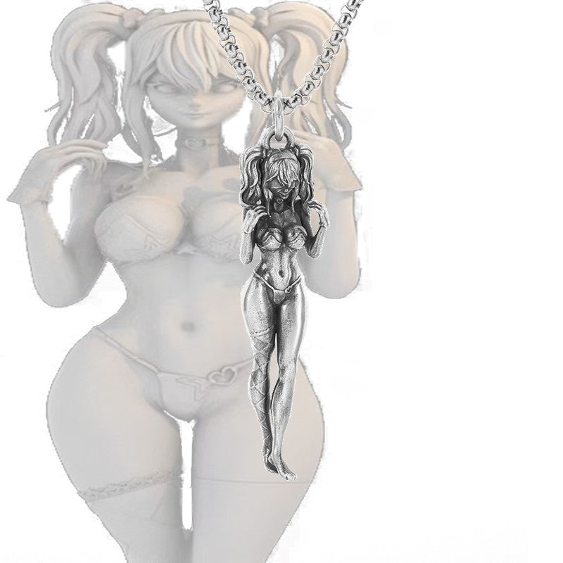 Silver-Plated Anime Mecha Beautiful Girl Girl Pendant Necklace Men and Women Hip-Hop Rock Punk Trendy Jewelry Gift