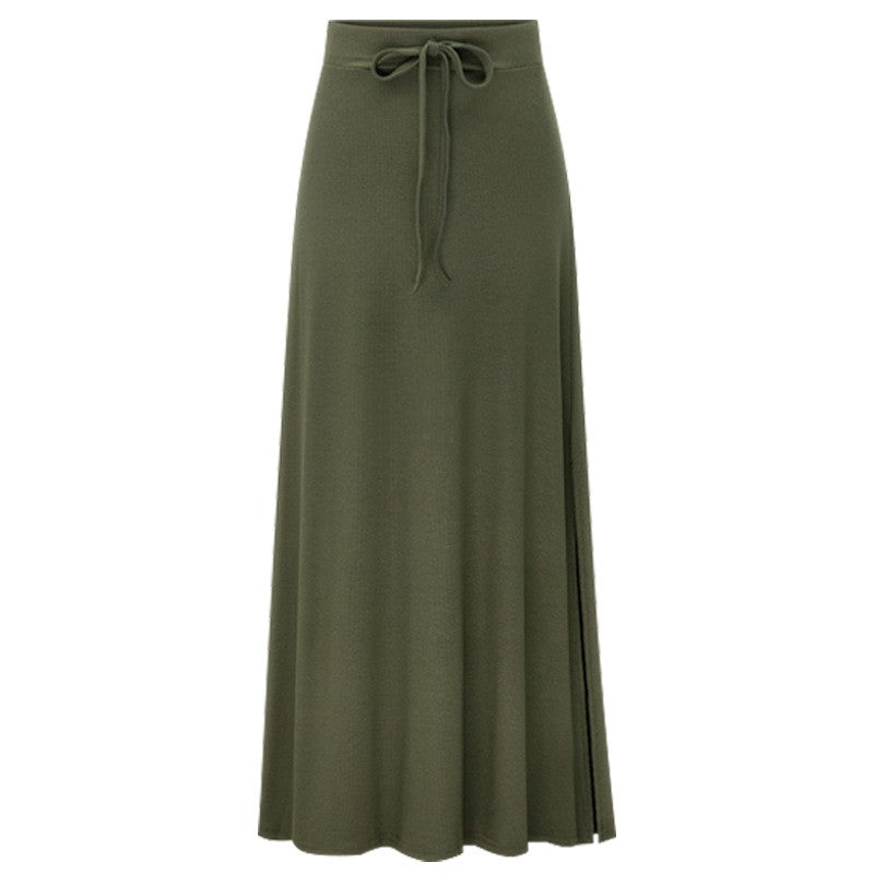 Plus size women's fashionable knitted half skirt high waist slit A-line skirt high stretch ankle length mid length skirt