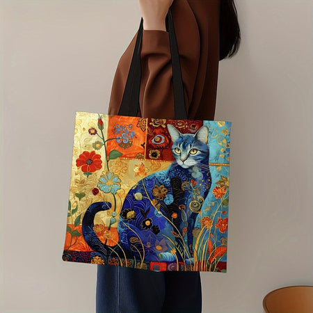 1pc Abstract Cat Tote Bag Cute Quirky Small Animal Shoulder Bag Printed Linen Eco Handbag Shopping Office Reusable Casual Bags