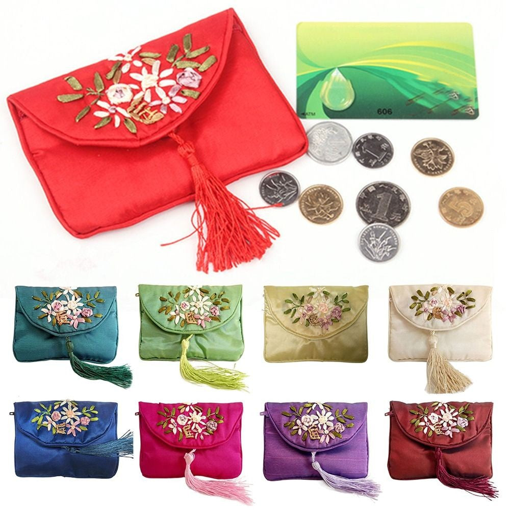 Retro Embroidered Flower Women Tassels Handbags Elegant Handmade Ethnic Style National Small Bag Card Storage Zipper Coin Purse
