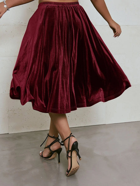 Plus Size High Elastic Waist Velvet Skirt Women Solid Black Spring Autumn Midi Party Skirt A-line Flare Skirt Large Size 6XL 7XL
