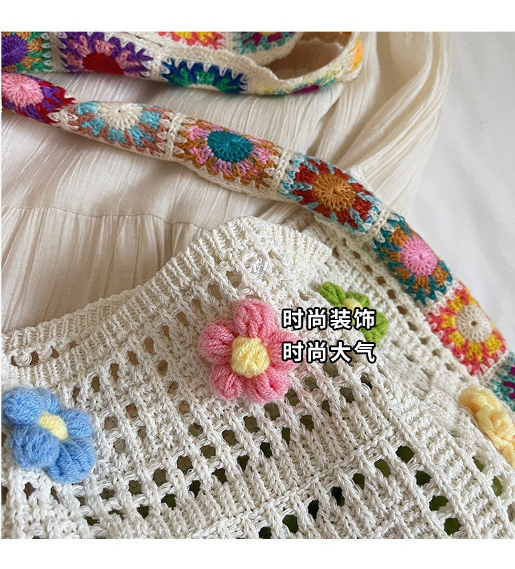 Women's Boho Crochet Bag Designer Flowers Knitted Handbags Large Capacity Summer Beach Woven Shoulder Bag Girls Tote Shopper Bag