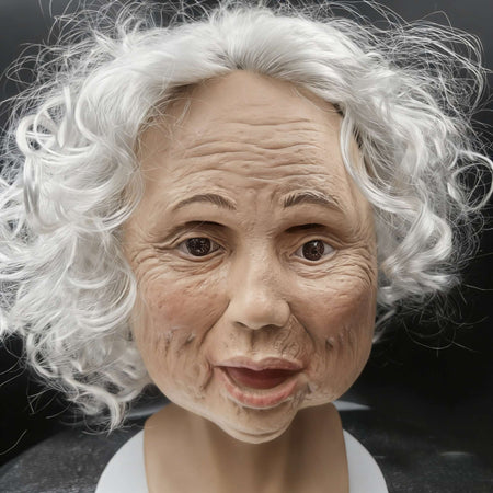 Realistic Old Woman Latex Mask with White Curly Hair, Full Head Elderly Grandma Mask for Halloween Cosplay, Horror Costume Party