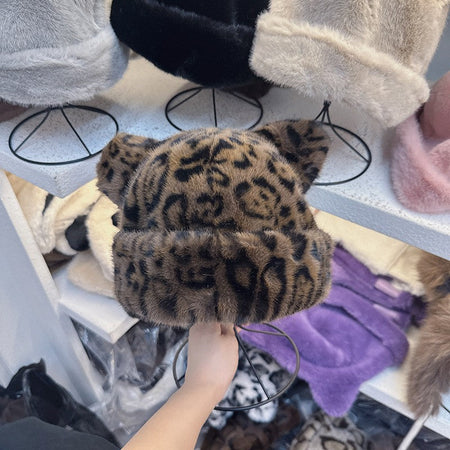 Korean Winter Imitation Fur Bucket Hat For Women Fashion Leopard Print Fisherman Hats Thichen Warm Plush Outdoor Cute Basin Cap