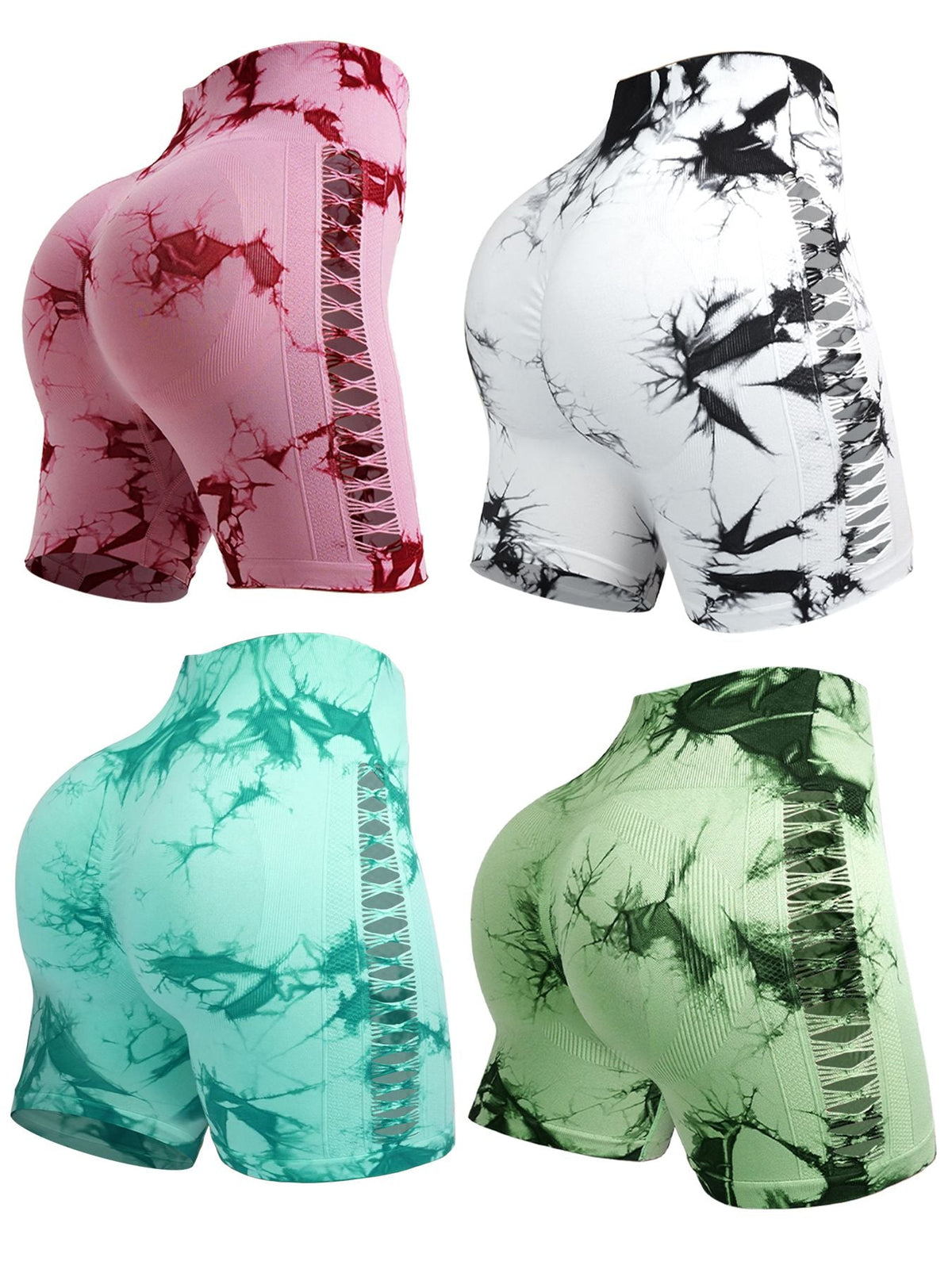 2pcs Tie Dye Mesh Yoga Pants Shorts High Waisted Hip Lifting Quick Drying Outdoor Sports Running Fitness Biker Trousers