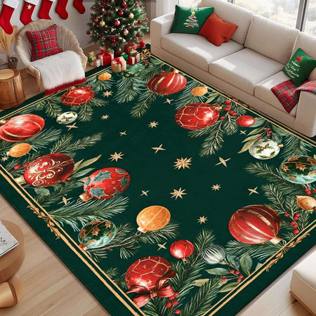 Christmas Area Rug Christmas Balls Living Room Rug Xmas Pine Rugs Green Bedroom Rugs Non Slip Carpet for Dining Room, Office