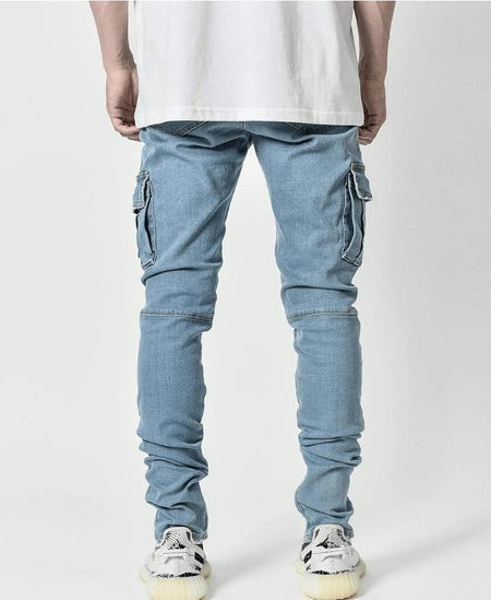 new Jeans Men Pants Wash Solid Color Multi Pockets Denim Mid Waist Cargo Jeans Plus Size Fahsion Casual Trousers Male Daily Wear