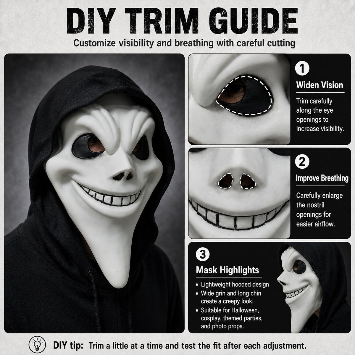 Ghost Face Mask with Hood Halloween Costume Scary Movie Funny Killer Cosplay Prop for Adults Horror Party