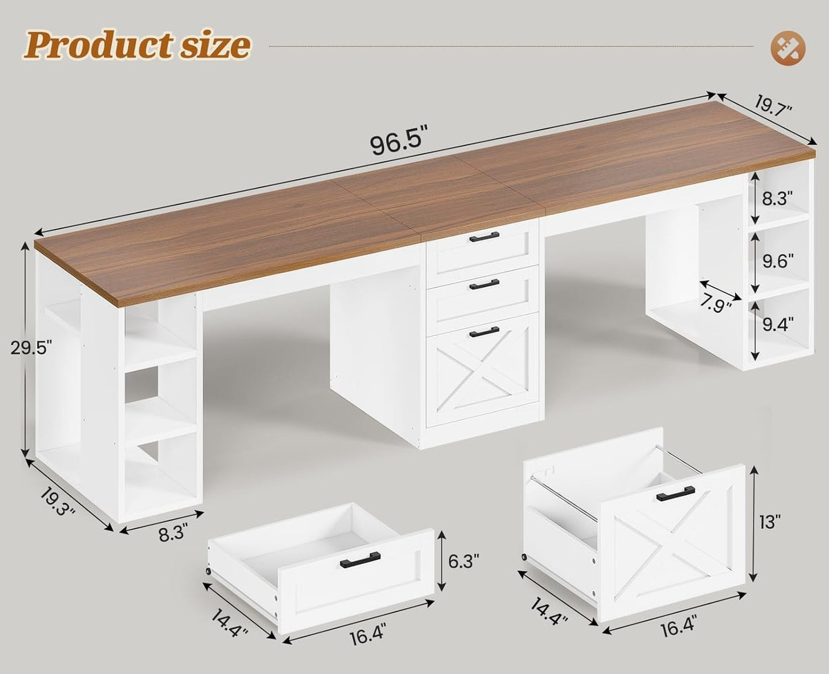 96.5" Computer Desk with Drawers,2 Person Home Office Desk,Gaming Double Desk with Storage Shelves, Long Two Person Writing Desk