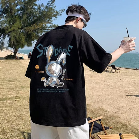 8XL Men Oversize Korean Fashion Loose American Love Puppet Rabbit Print Short Sleeve Round Neck Versatile Trend Couple outfit