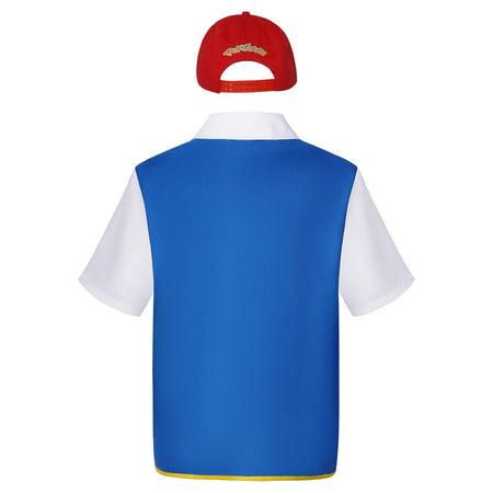 Men's Anime Trainer Cosplay Costume, Adult Ash Ketchum Outfit with Blue Jacket, Cap and Gloves, Unisex Halloween Party Disfraz