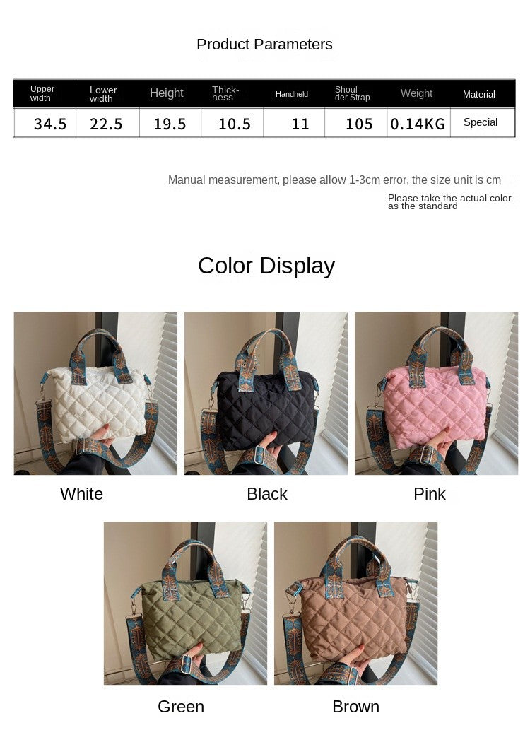 Women Wide Shoulder Belt Handbag Fall/Winter Rhombus Space Cotton Shoulder Bag Large Capacity All-Match Shopping Tote Bag