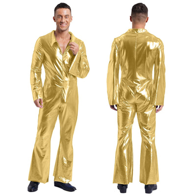 Men Bell Bottom Pants Jumpsuit Rompers Vintage 80s Disco Hippie Costume for Rock Jazz Dancewear Musical Theme Party Dress-up