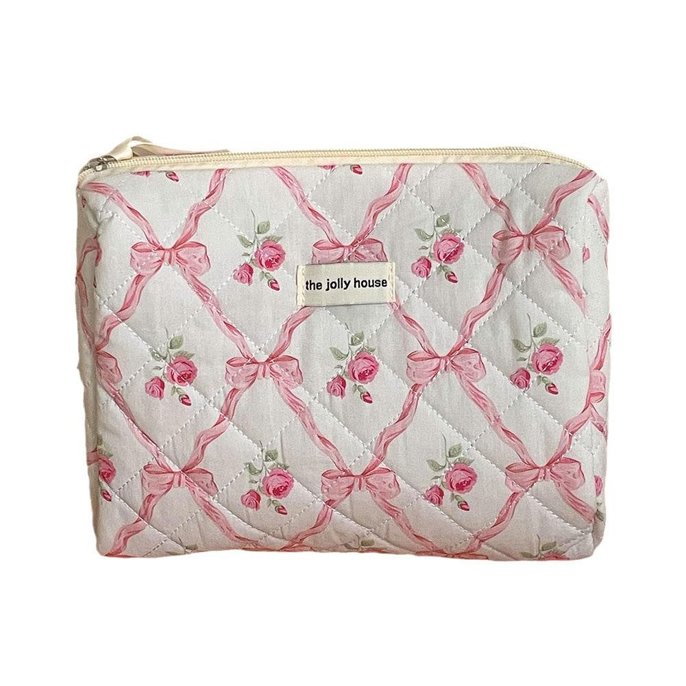 Cute Bow Flower Cloth Handbag Quilting Cotton Makeup Bag Women Zipper Cosmetic Organizer Portable Toiletry Case for Girls