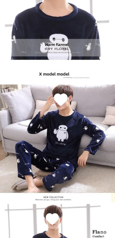 Thickened Flannel Sleepwear Set for Men Winter Home Clothes Coral Fleece Lined Autumn Winter Style Overhead Mens Nightgown