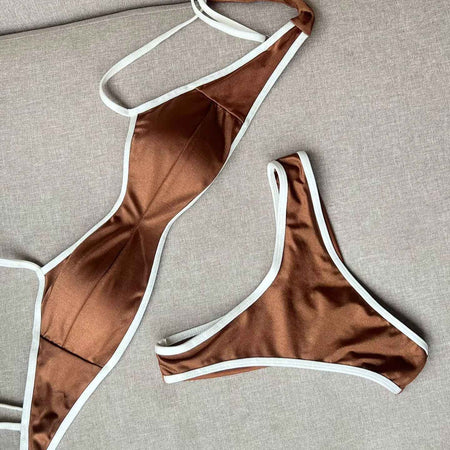2025Sexy Bikini Women Swimsuit Female Swimwear Bandeau Biquini Thong Bathing Suit Shiny Swimming Suits Halter Bodysuit Beachwear