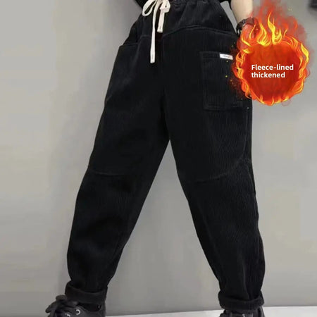 Thickened Fleece Lined Corduroy Harlan Pants Winter New Fashion Long Trousers Elastic Waist Loose Versatile Trendy Women's Cloth