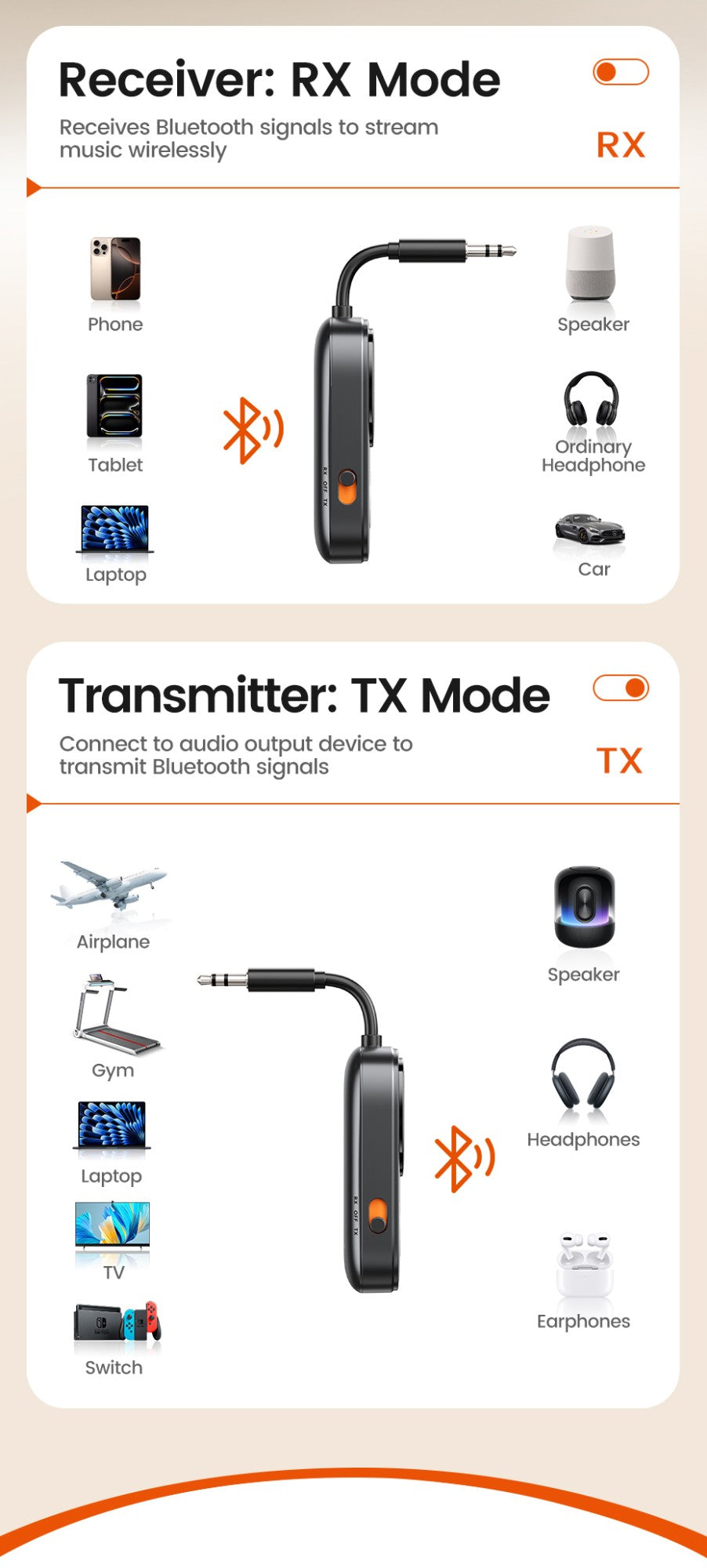 Toocki Bluetooth 5.4 Audio Reciever Transmitter RT/TX 2 In 1 Adapter for TV Earphones Cars Flights 3.5mm AUX Bluetooth Dongle
