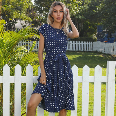 Summer Dresses For Women High Waist Midi Elegant Pleated Polka Dots Office Lady Dinner Party Vacation Dress Female Clothing Robe