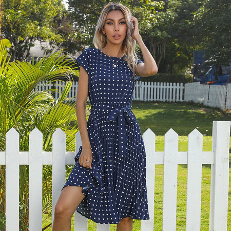 Summer Dresses For Women High Waist Midi Elegant Pleated Polka Dots Office Lady Dinner Party Vacation Dress Female Clothing Robe