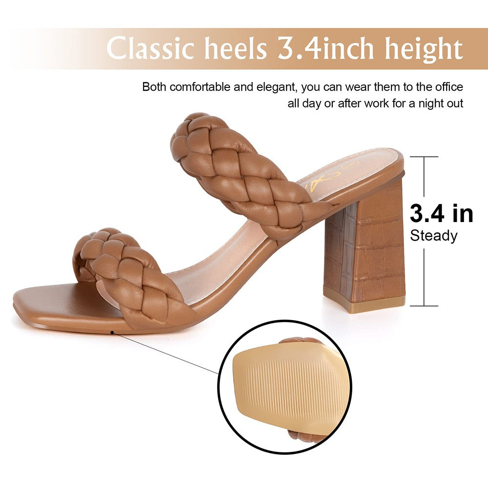 Elegant Women's Braided Heels Sandalias Fashion Strappy Square Sandals Open Toe Backless Mules Slip On Block Heeled Shoes